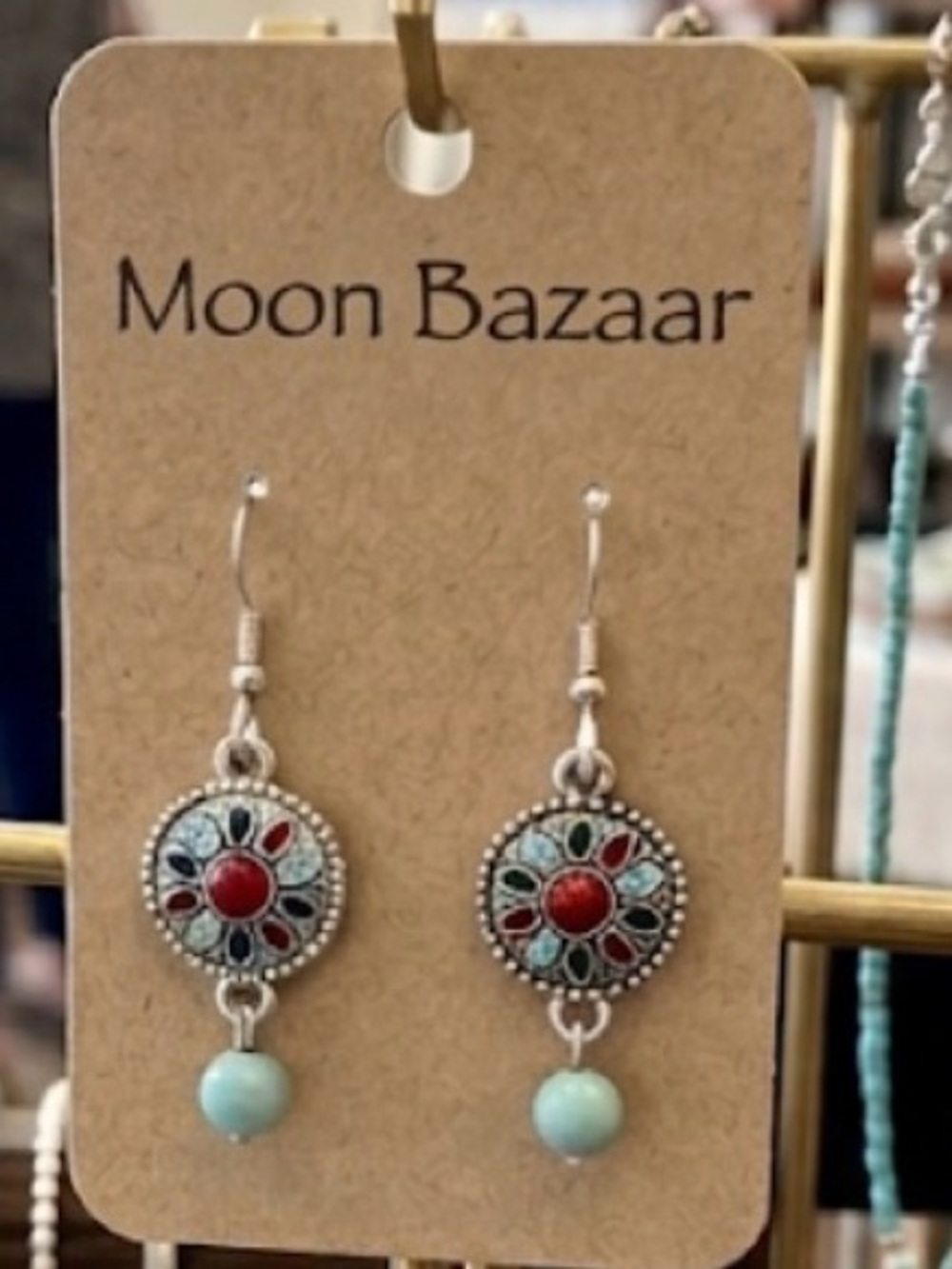 Turquoise and Red Floral Drop Earrings